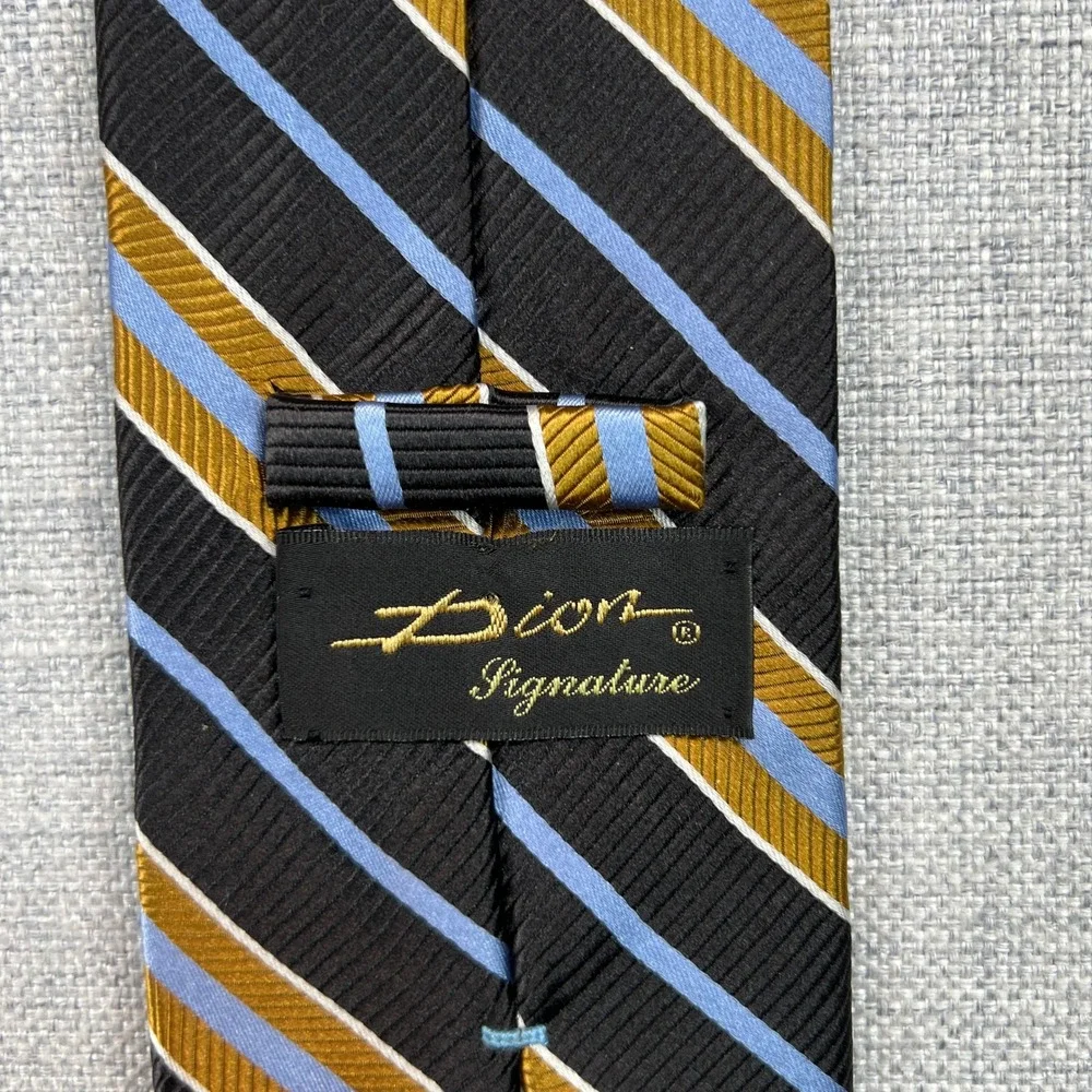 Dion Signature Silk Regimental Stripe Mens Neck Tie‎ Black Gold Blue Prep Formal